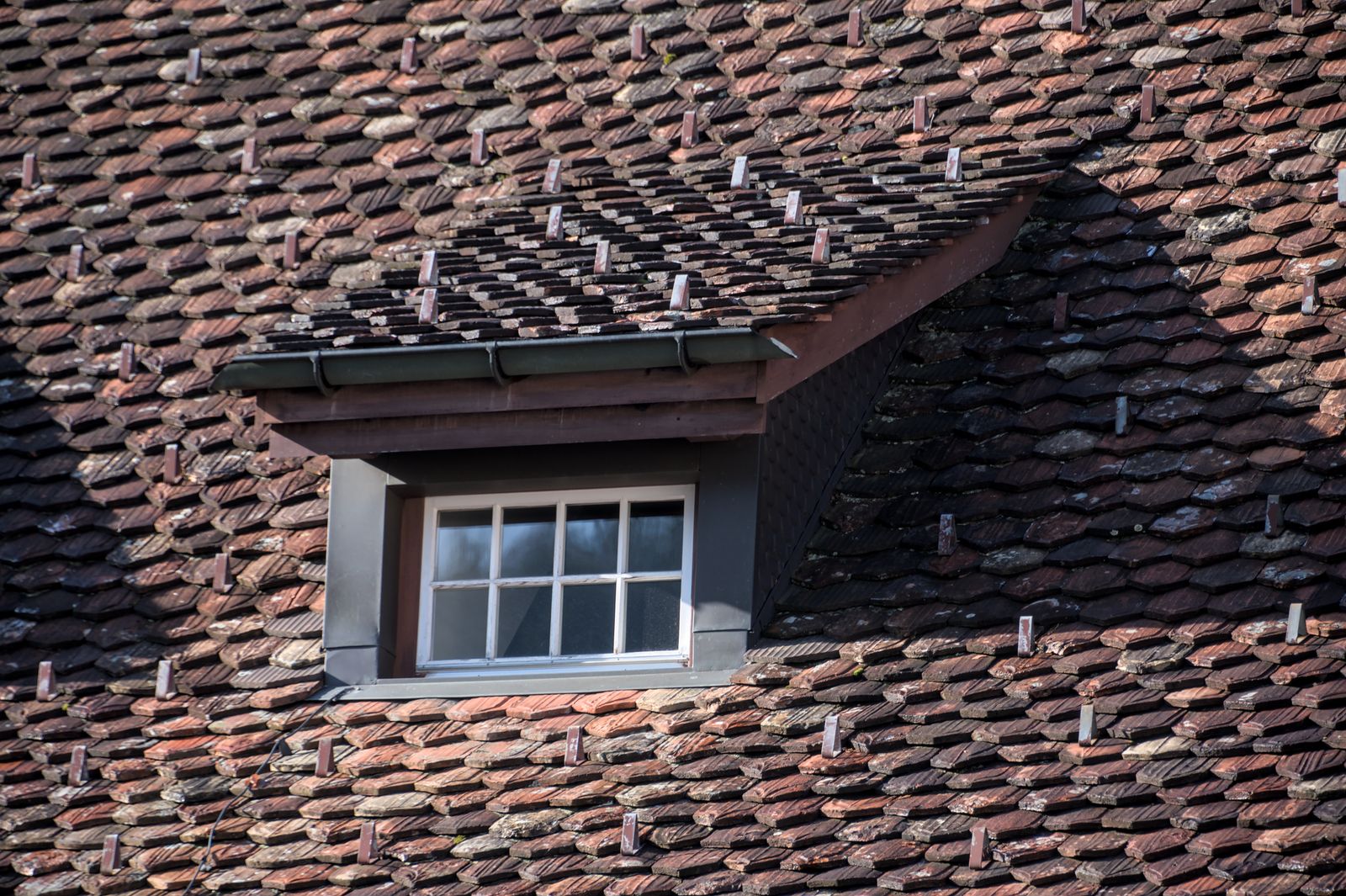 Toiture ancienne avec lucarne et gouttière en zinc